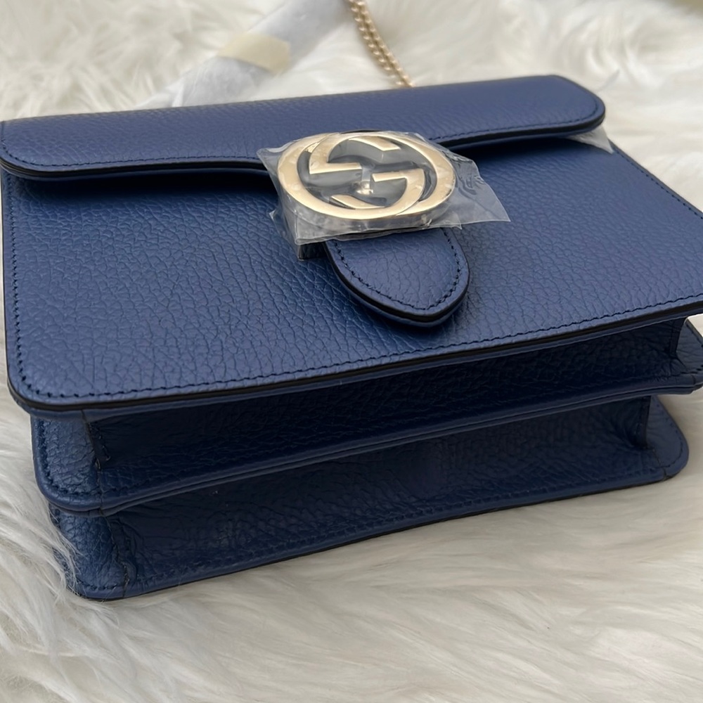 💯% Auth Gucci Interlocking GG Crossbody Bag Blue Leather NEW - Picture 4 of 12